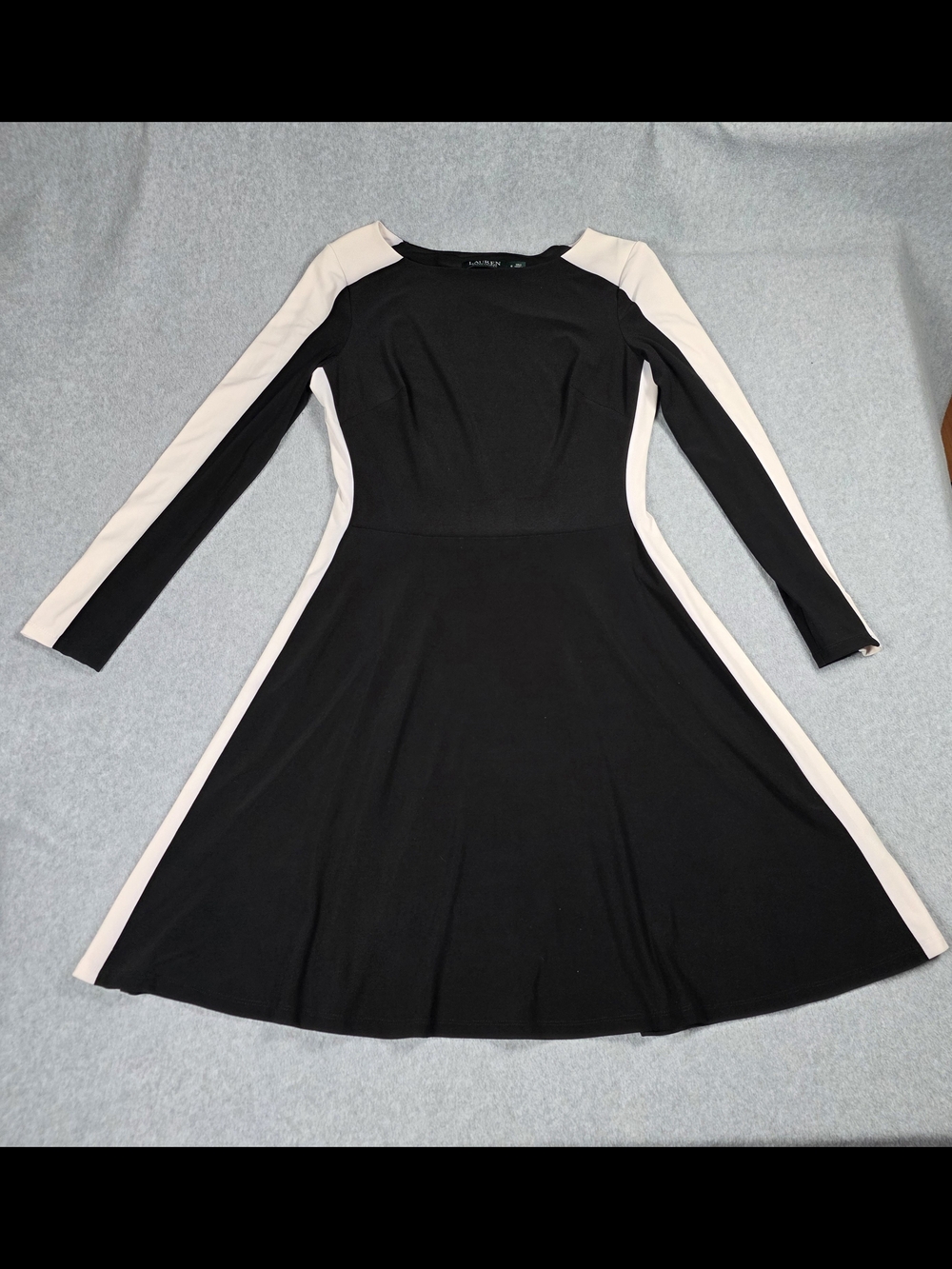 Ralph Lauren Black Dress with Cream Side Panels - Long Sleeve A-Line
